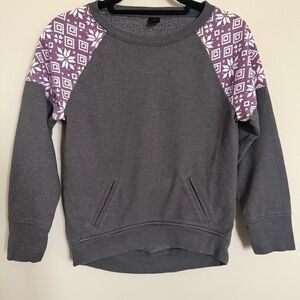 Zella Girl Gray Purple Fair Isle Raglan Sweatshirt Girls M 10-12